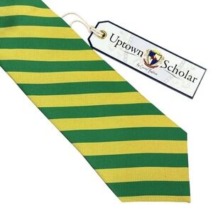 Uptown Scholar Tie Mens Green Yellow Regimental Stripe 100% Silk‎ Necktie Preppy